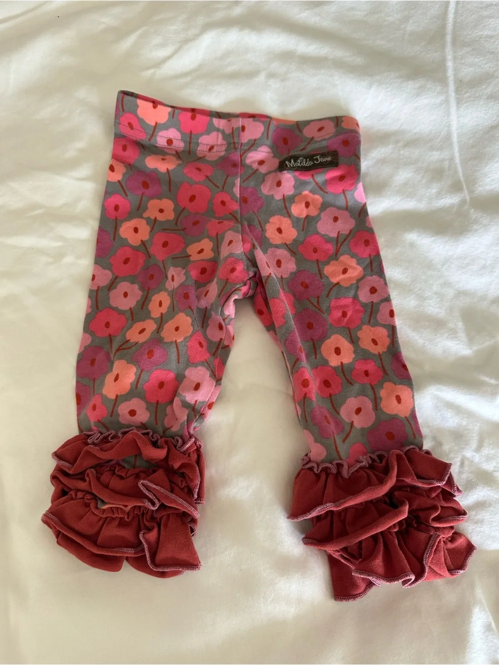 Matilda Jane Pink Floral Top and Ruffle Hem Leggings with Navy Dot Sleeves